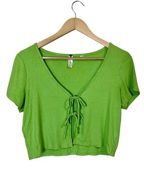 LA Hearts Lime Green Cropped Ribbed Knit Front Tie Top Size Small